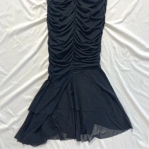 Hello Molly Tanisha Off Shoulder Mesh Black Midi Ruched Mermaid Dress Size Small - Picture 7 of 11